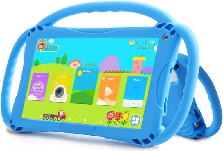 Blue kids tablet with colorful screen and protective handle