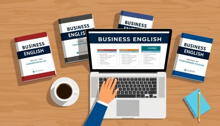 Laptop with "Business English" course, books, coffee, and notepad on a desk