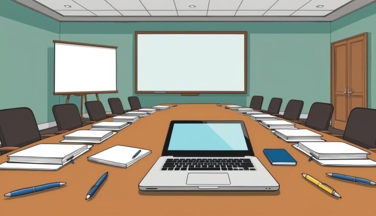 Empty conference room with laptop, papers, pens, and whiteboards