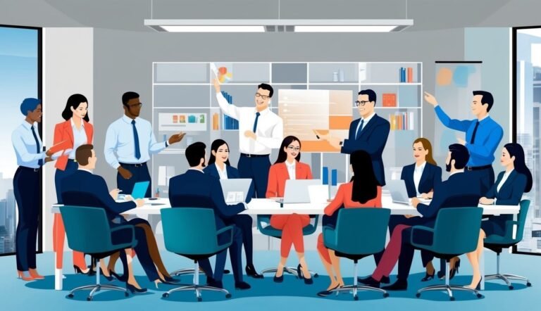 Business team in a meeting, discussing data and presentations in an office