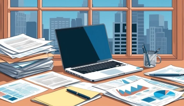 Laptop, papers, and pens on a desk with a city view
