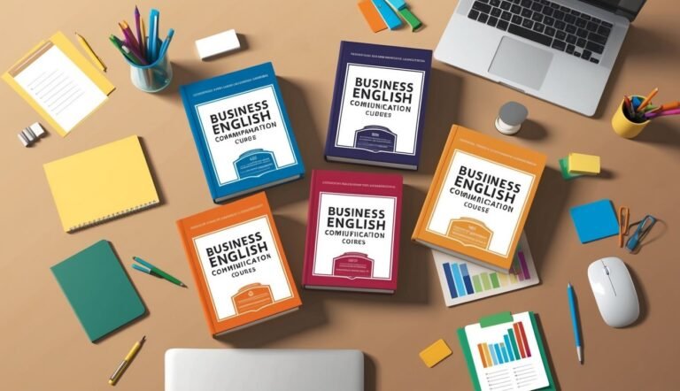 Books titled "Business English Communication Course" on a desk with laptop