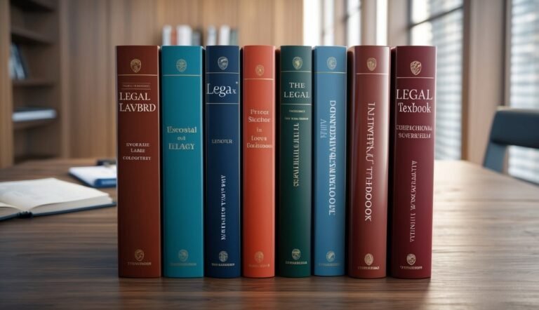 Row of colorful legal textbooks on a wooden table in an office