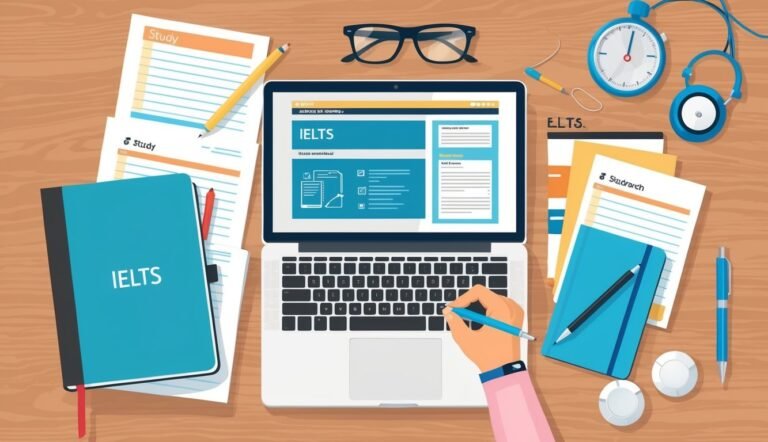 IELTS study setup with laptop, notebook, papers, and accessories