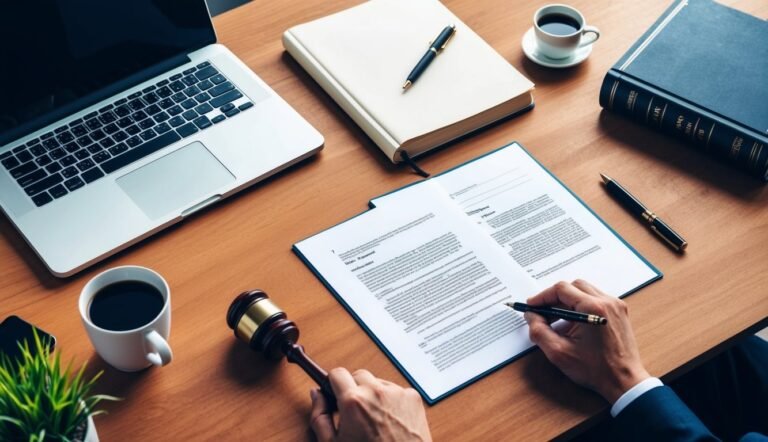 Lawyer's desk with documents, gavel, laptop, coffee, and pen