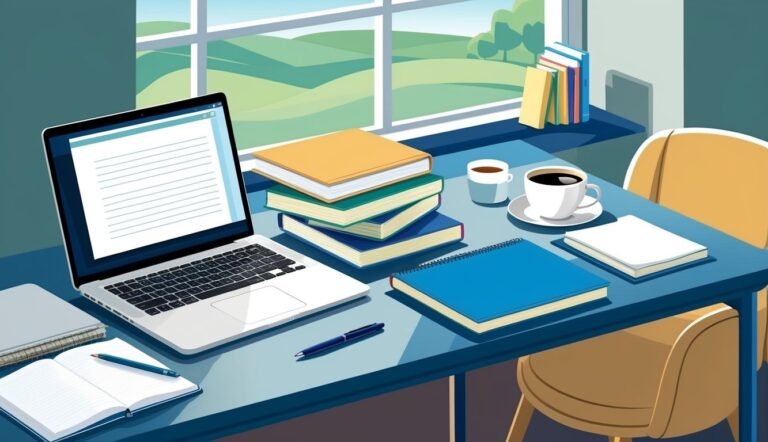 Laptop, books, coffee, and notepad on a desk near a window