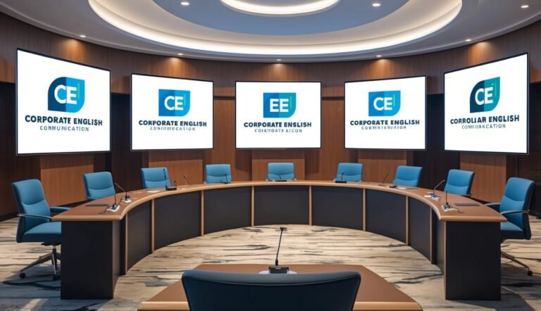 Conference room with screens displaying "Corporate English" logo and chairs