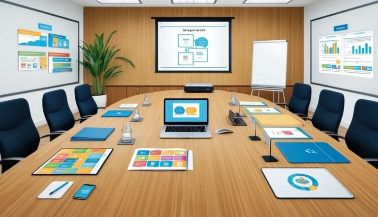 Conference room with laptop, projector, and presentation materials on table