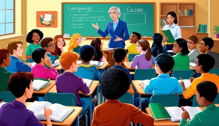 Teacher lecturing a diverse classroom of students in front of a chalkboard