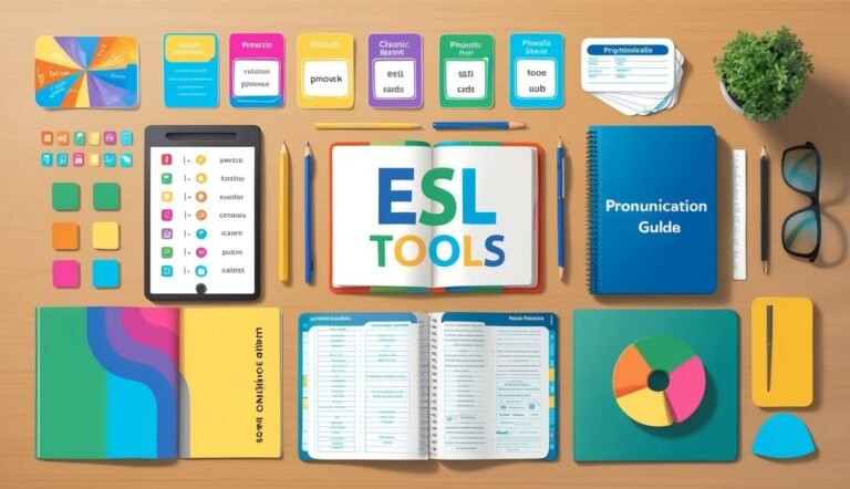 ESL tools and learning materials arranged on a wooden table