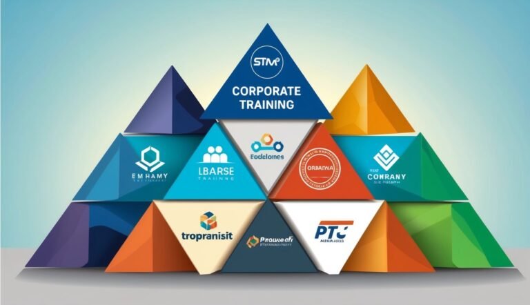 Pyramid of colorful triangles with corporate training and company logos