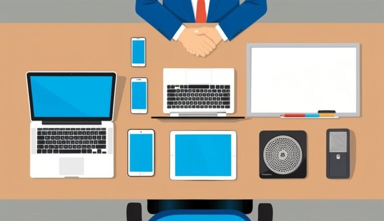 Office desk with laptop, phones, tablet, whiteboard, and a handshake