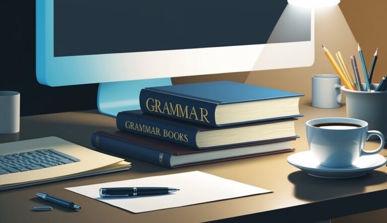 Desk with grammar books, computer, coffee, pens, and paper