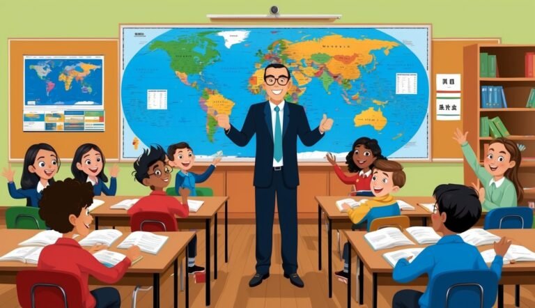 Teacher and students in a classroom with world maps, some raising hands