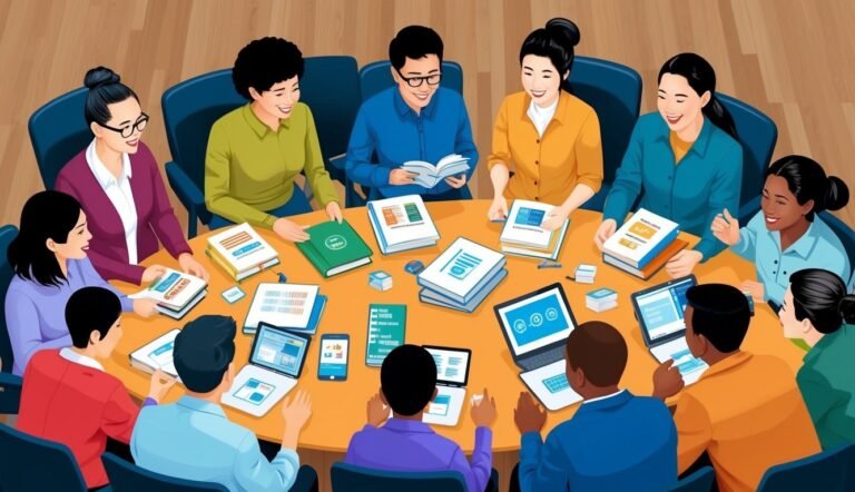 Diverse group of people in a meeting around a table with books and laptops