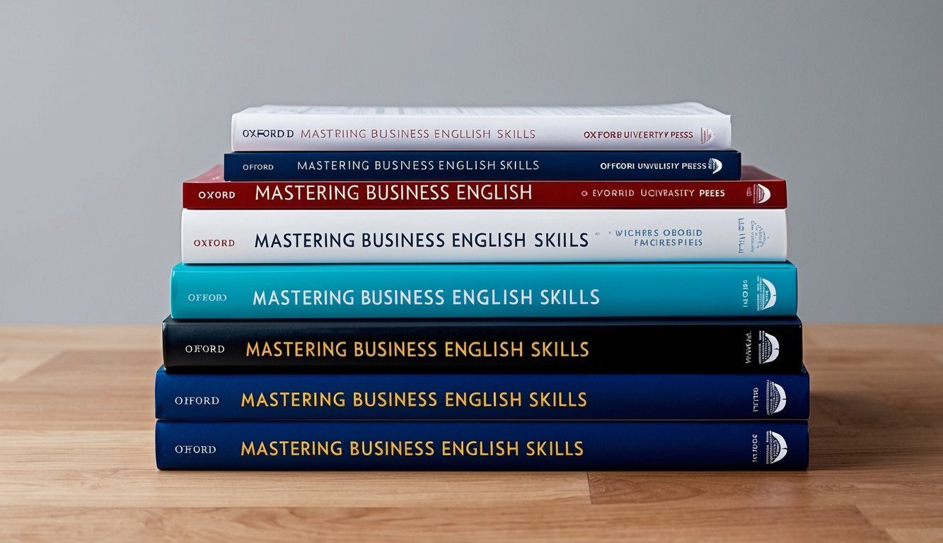 A stack of five books with the title "Mastering Business English Skills" by Oxford University Press on the top