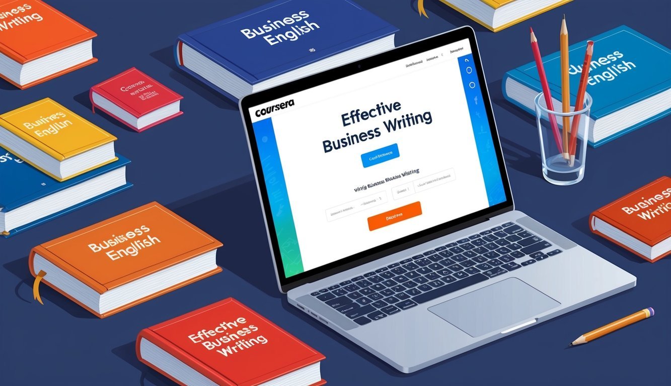 A laptop displaying "Effective Business Writing" course on Coursera, surrounded by books on business English