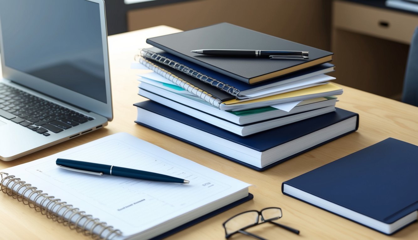 A desk with a laptop, notebook, and pen.</p><p>A stack of business English course materials.</p><p>A professional setting with a business-like atmosphere