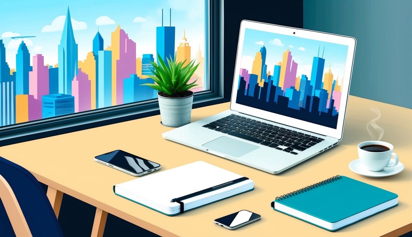 A desk with a laptop, smartphone, and notebook.</p><p>A cup of coffee and a potted plant sit nearby.</p><p>A window reveals a city skyline