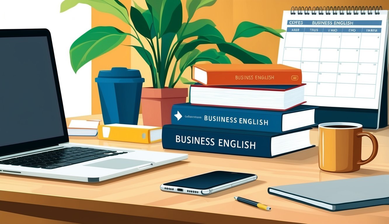 A cluttered desk with a laptop, smartphone, and coffee mug.</p><p>A stack of business English books and a calendar in the background