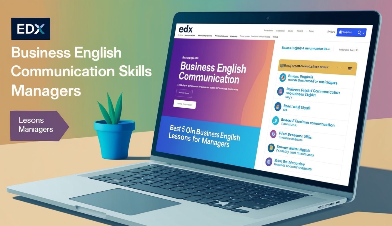 A laptop displaying "Business English Communication Skills" on the edX website, with a list of the "Best 5 Online Business English Lessons for Managers" visible on the screen