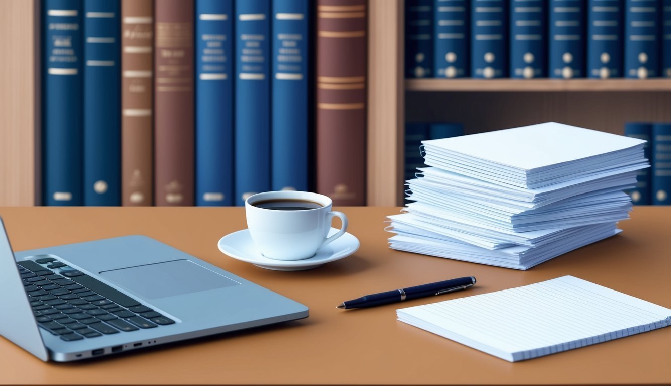 A desk with a laptop, pen, and notepad.</p><p>A stack of papers and a cup of coffee.</p><p>A bookshelf with business books in the background