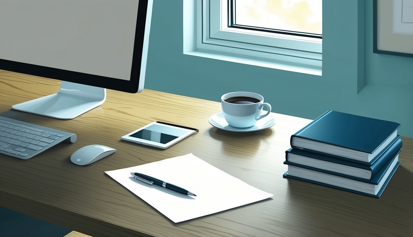 A desk with a computer, pen, and paper.</p><p>A cup of coffee sits next to a stack of business books.</p><p>A window lets in natural light