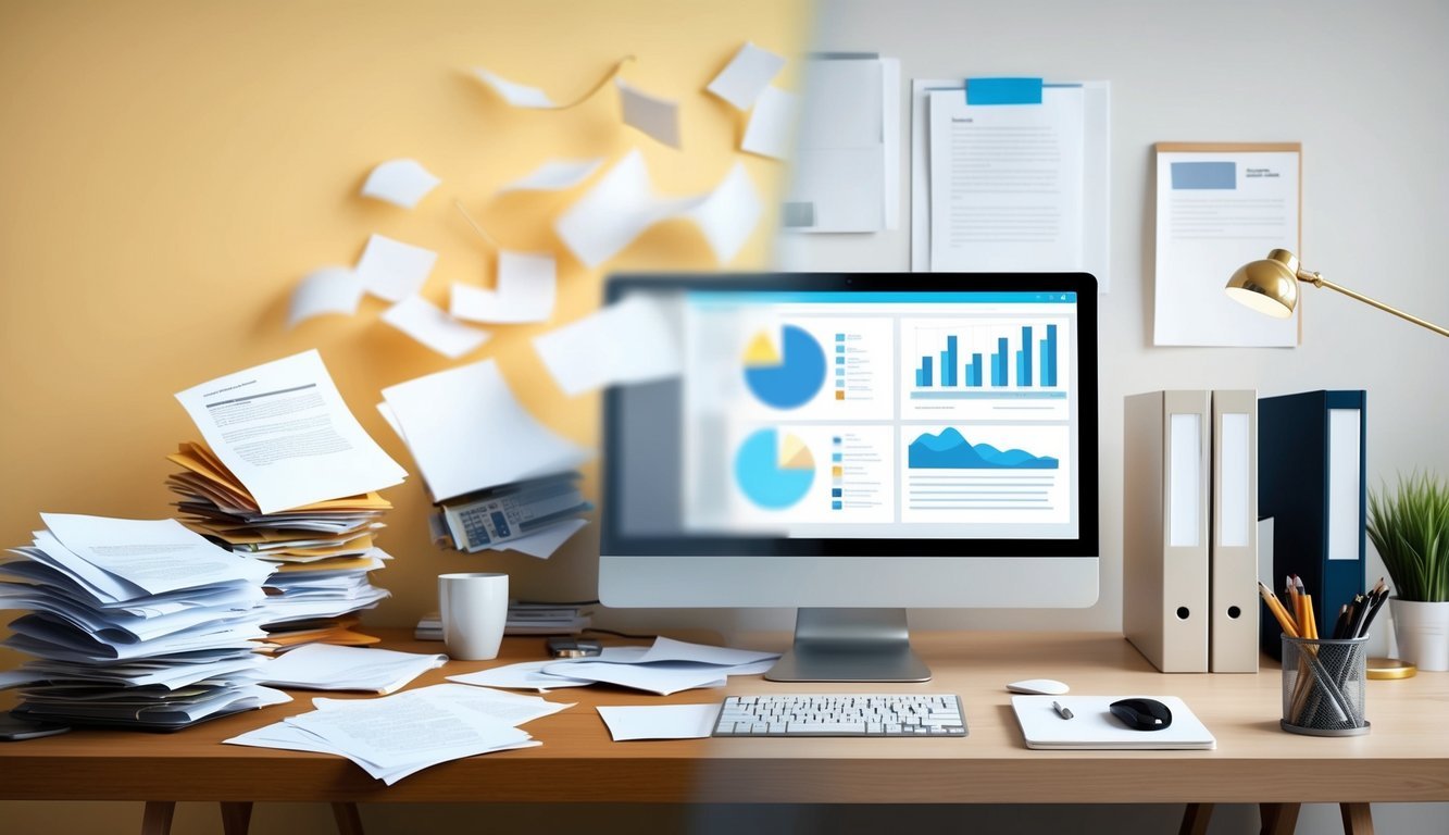 A cluttered desk with scattered papers and a blurry computer screen, contrasted with a tidy desk with organized documents and a clear, focused computer screen