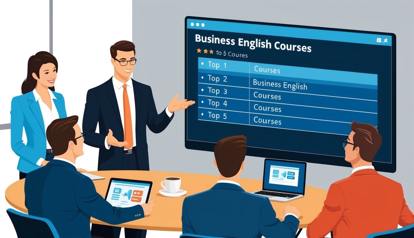 A group of executives discussing business English courses, with a list of top 5 courses displayed on a screen