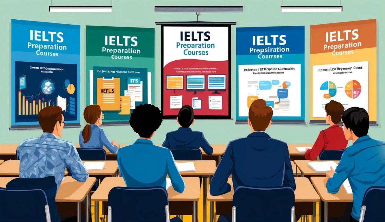 A classroom setting with six different IELTS preparation courses being displayed on a presentation screen, while students listen attentively