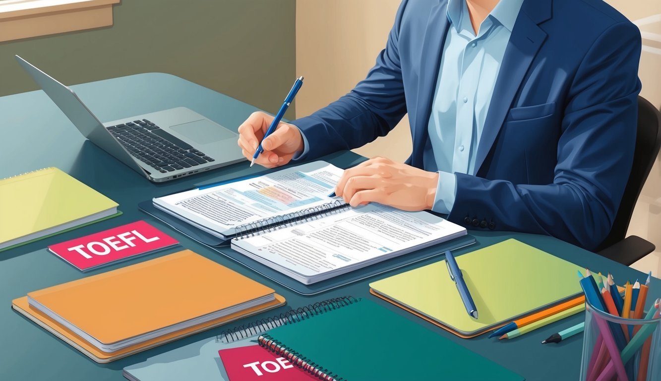 A person studying with a notebook, pen, and TOEFL study materials spread out on a desk in a quiet, well-lit room