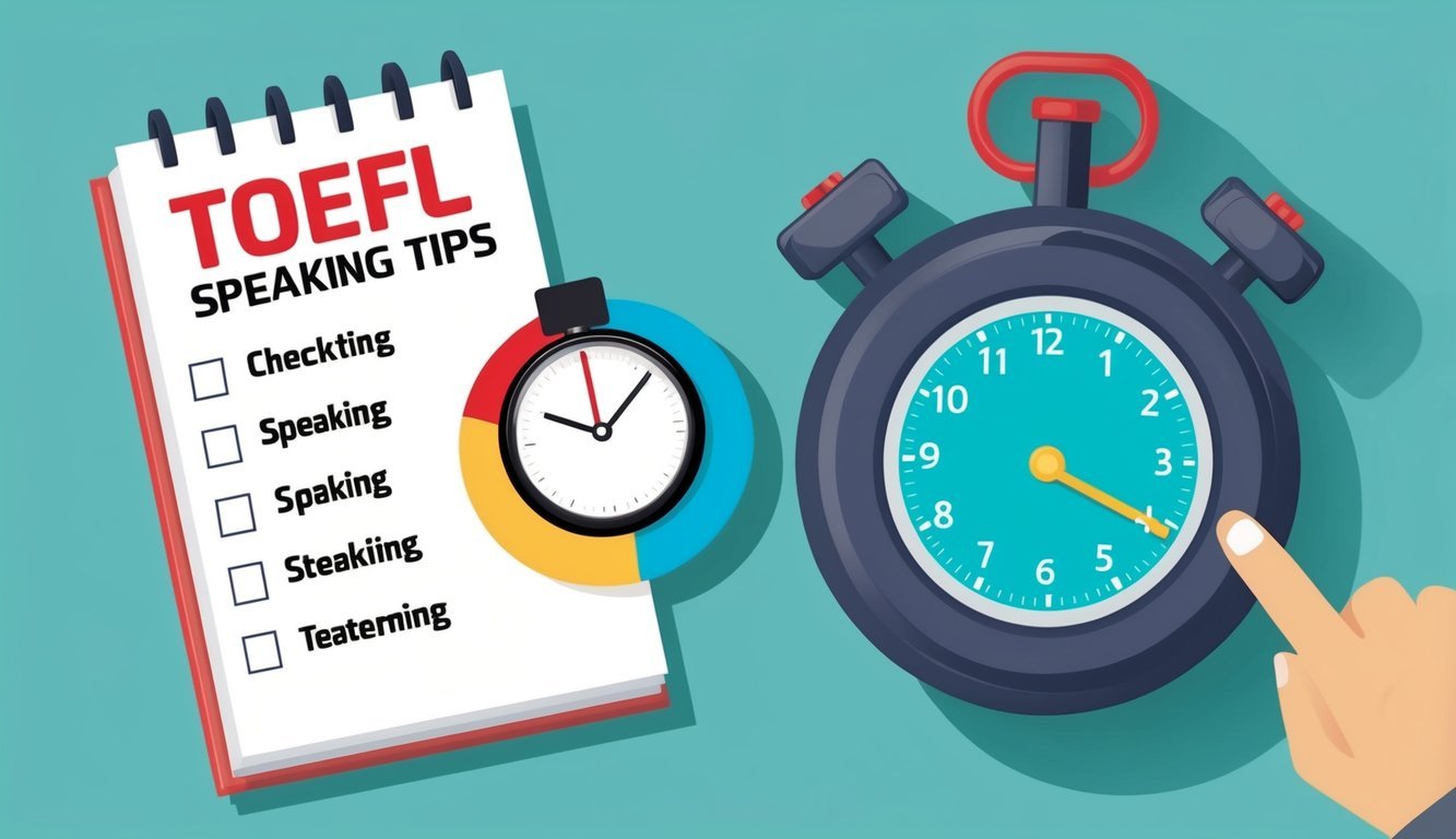 A timer ticking down next to a checklist of TOEFL speaking tips