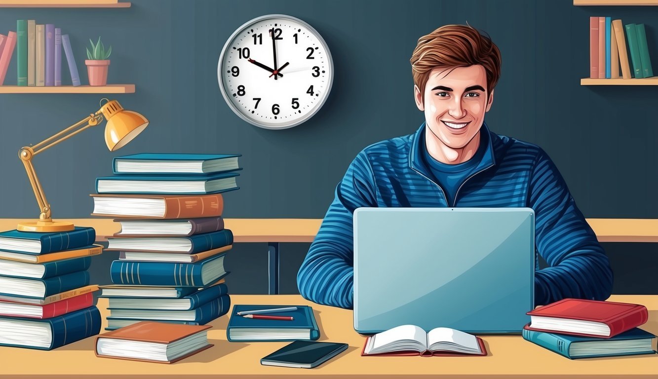 A student sitting at a desk with a laptop, surrounded by books and study materials.</p><p>A clock on the wall shows the time