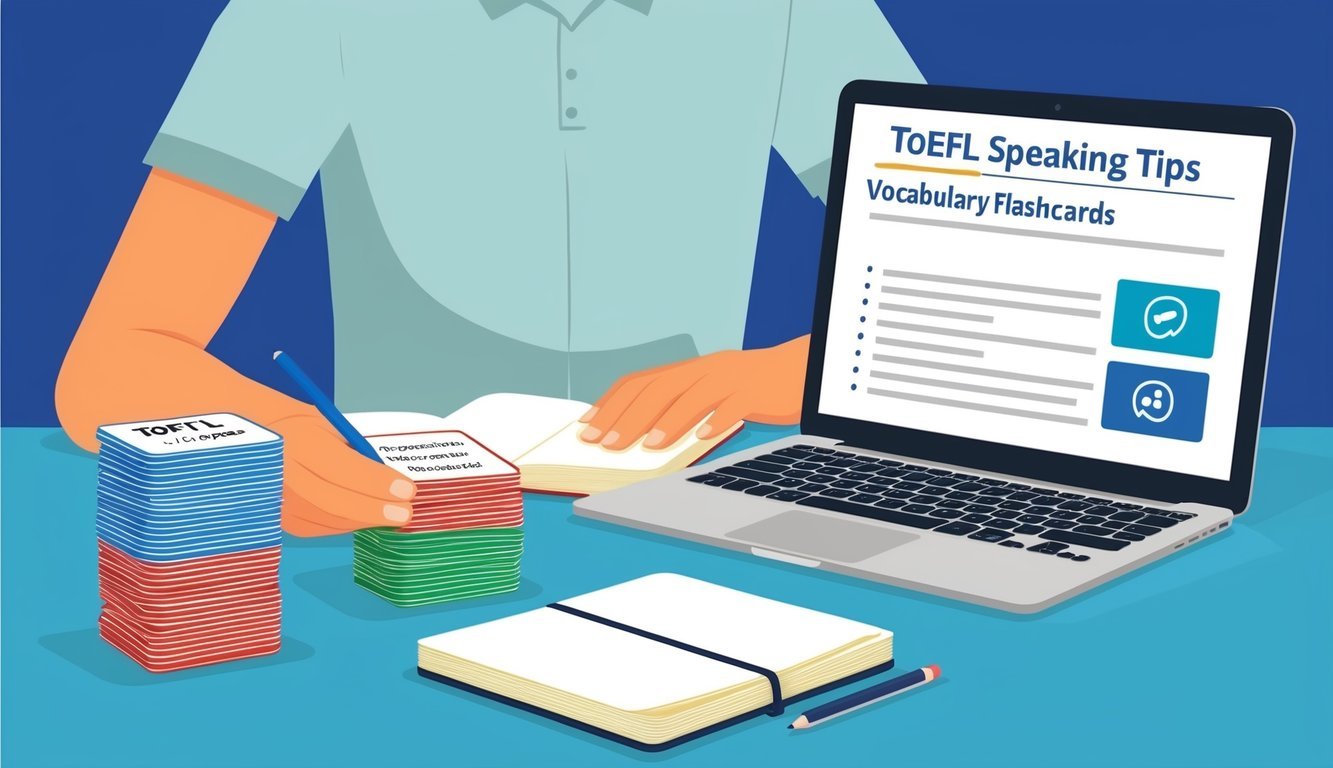 A person studying with a stack of vocabulary flashcards, a notebook, and a laptop open to TOEFL speaking tips