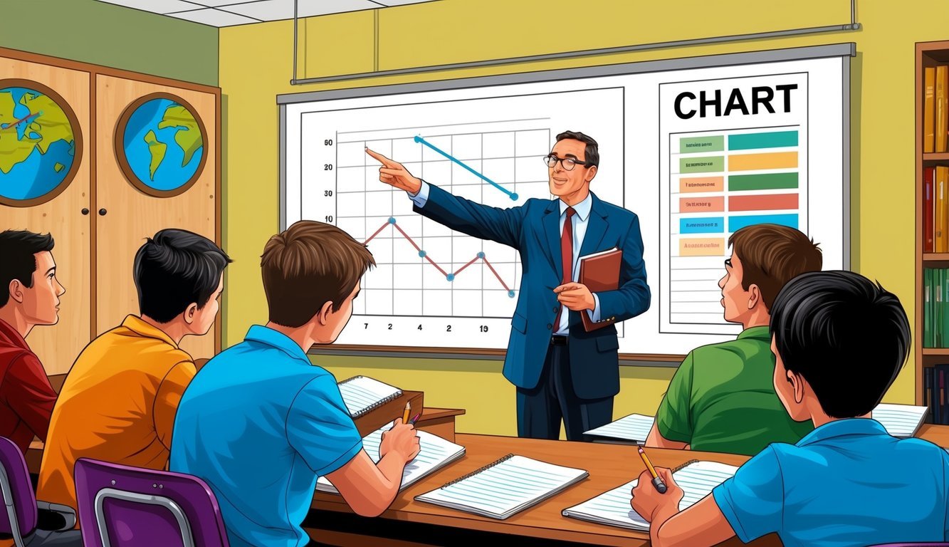 A teacher pointing to a chart, students listening, and taking notes