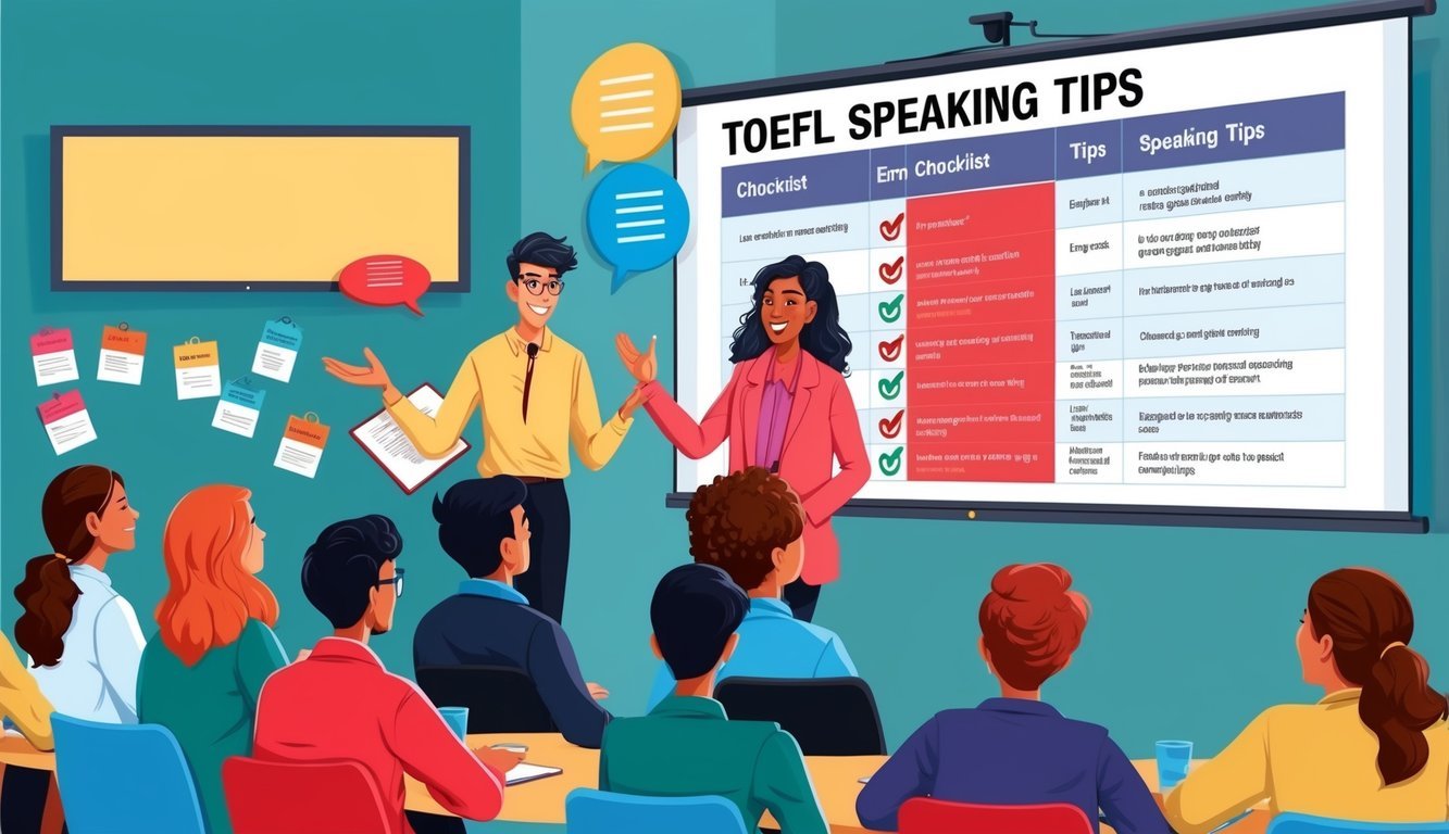 A student confidently presenting to an engaged audience with a checklist of TOEFL speaking tips displayed on a screen behind them