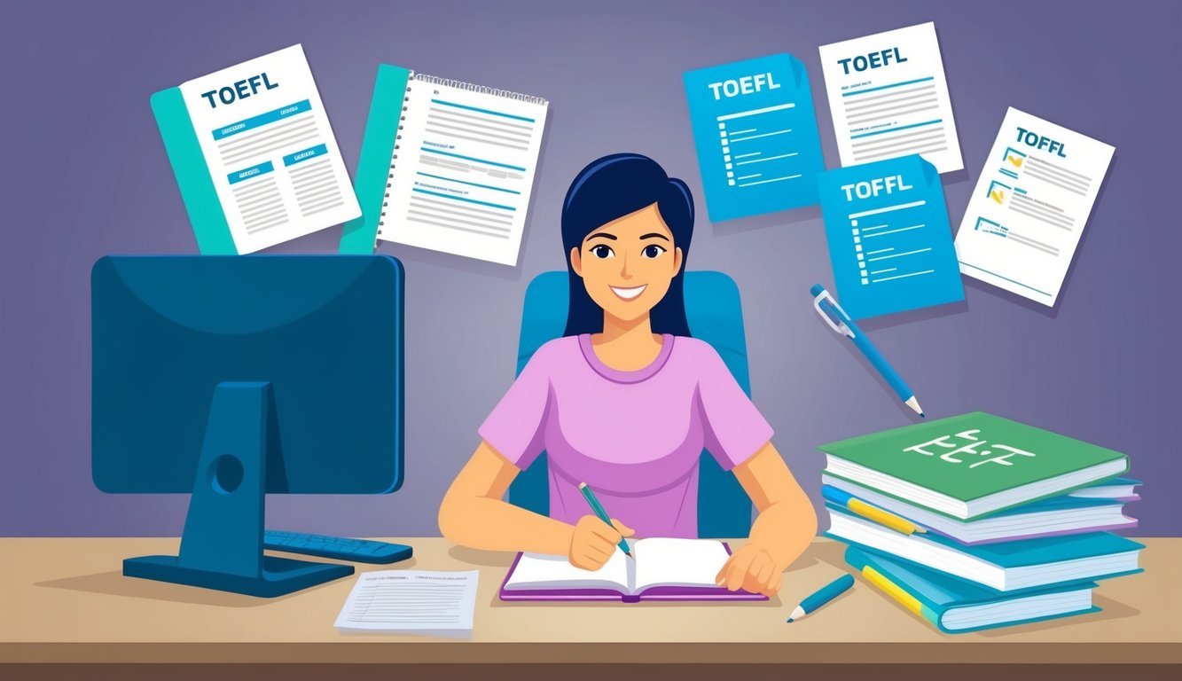 A person sitting at a desk with a computer, notebook, and pen, surrounded by TOEFL study materials and notes.</p><p>A confident and focused expression on their face