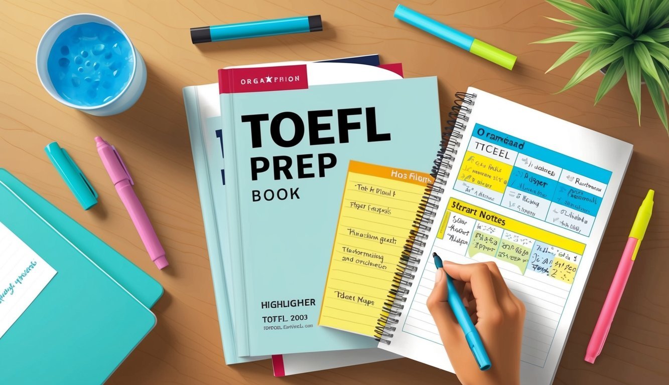 A desk with open TOEFL prep book, highlighter, and notebook with organized notes