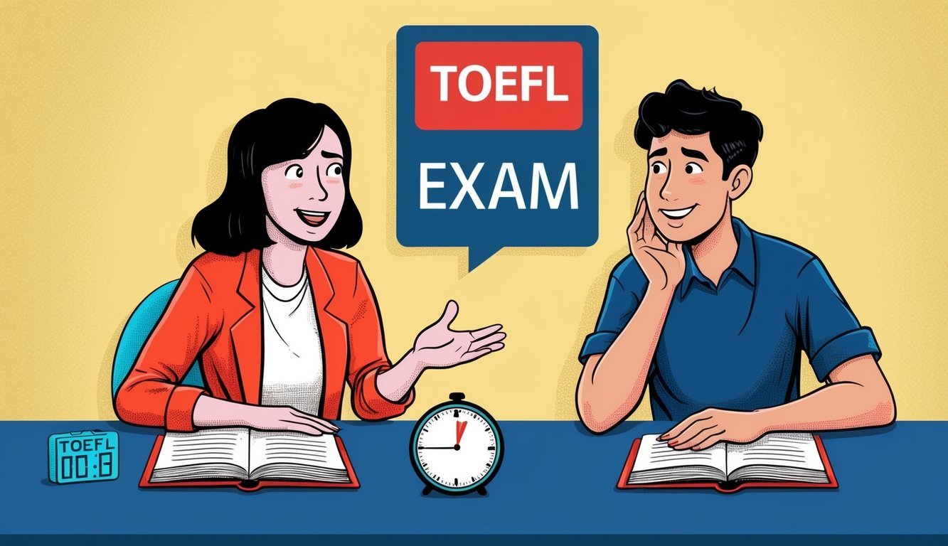 Two friends sitting at a table, one speaking and the other listening intently.</p><p>A timer on the table indicates they are practicing for the TOEFL exam