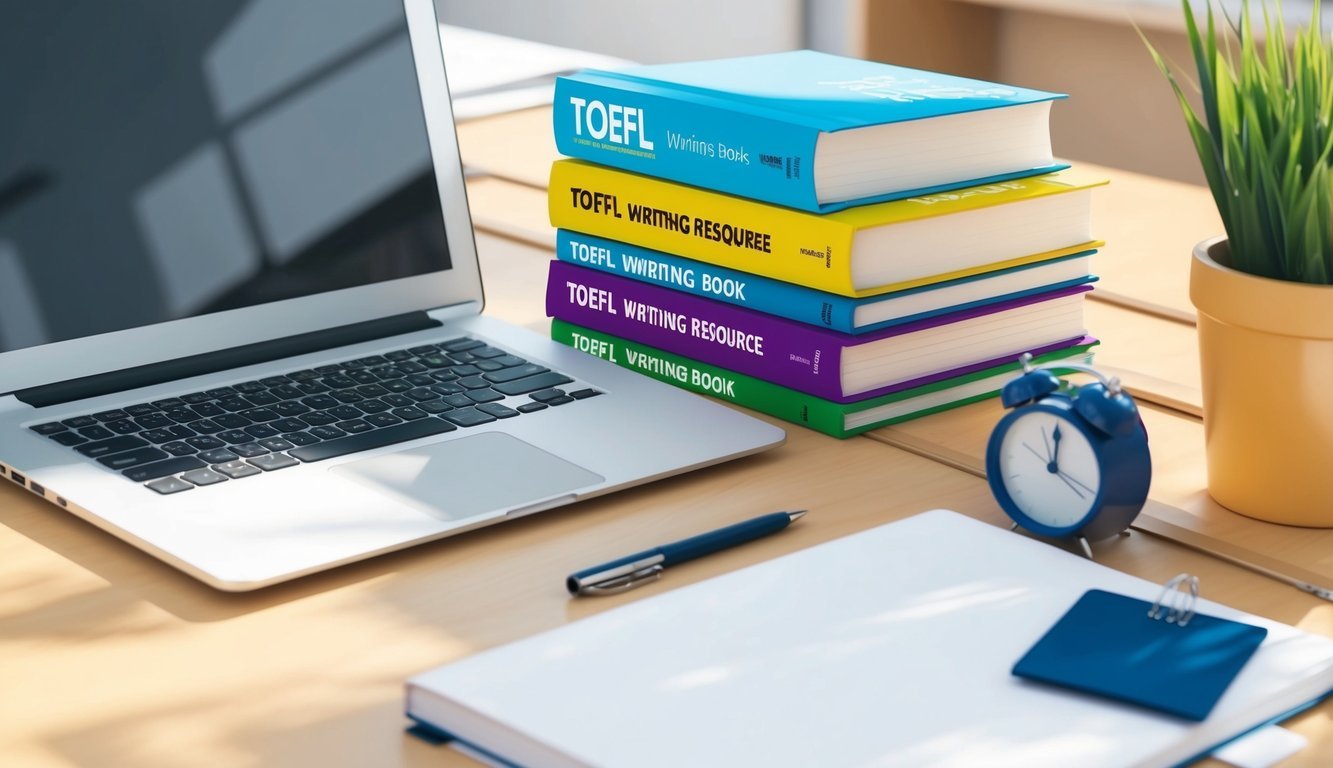 A desk with a laptop, notebook, and pen.</p><p>A stack of TOEFL writing resource books.</p><p>A bright, organized study space with natural light