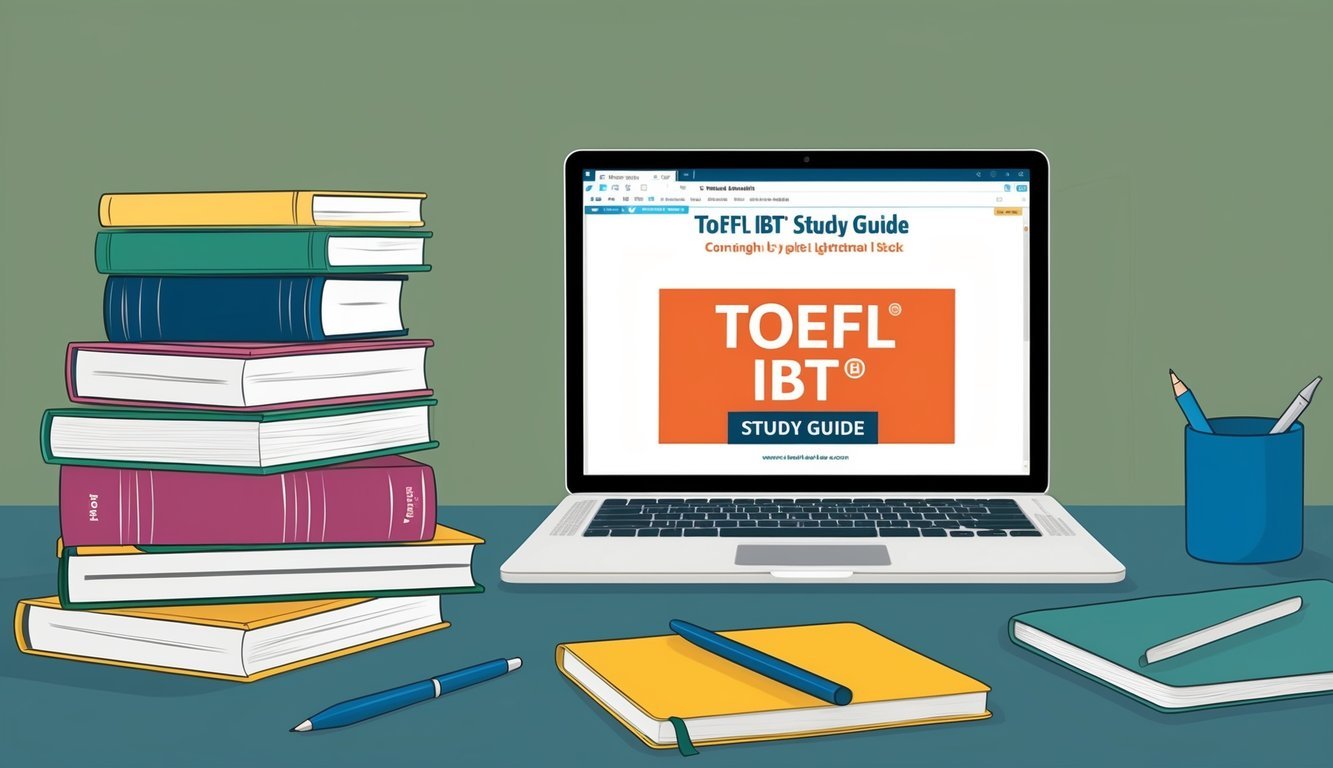 A stack of books on a desk, with a laptop open to a TOEFL iBT® study guide.</p><p>A pen and notebook are next to it