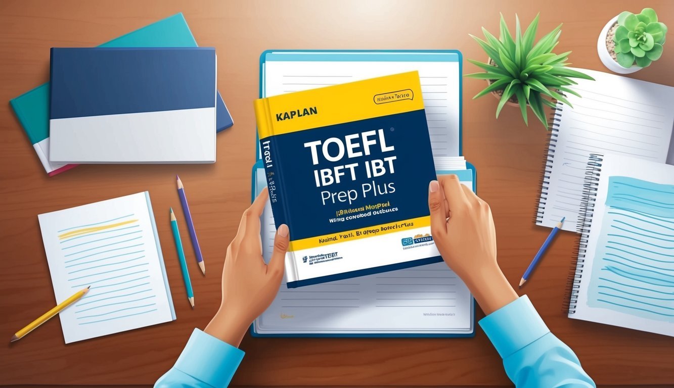 A desk with open Kaplan TOEFL iBT Prep Plus book surrounded by 6 writing resources