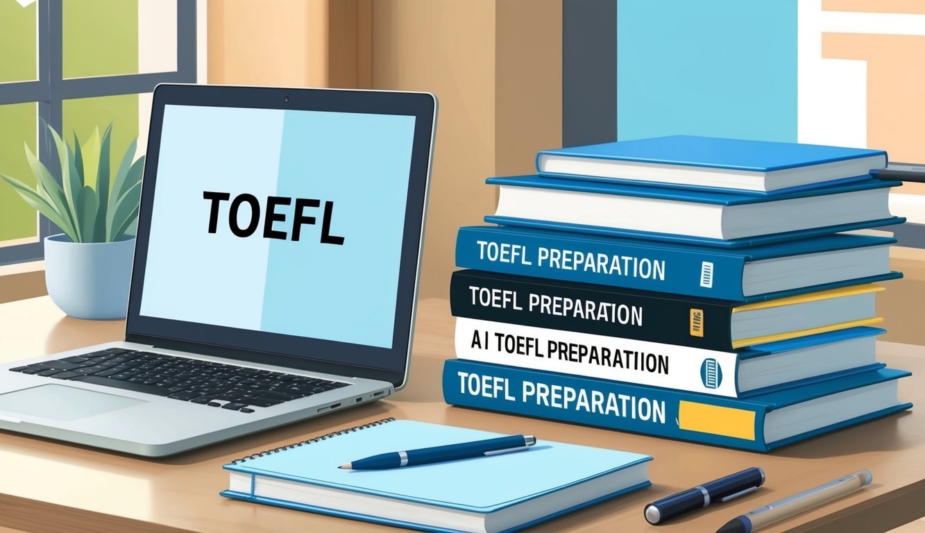 A desk with a laptop, notebook, and pen.</p><p>A stack of TOEFL preparation books and resources.</p><p>A quiet study space with natural light