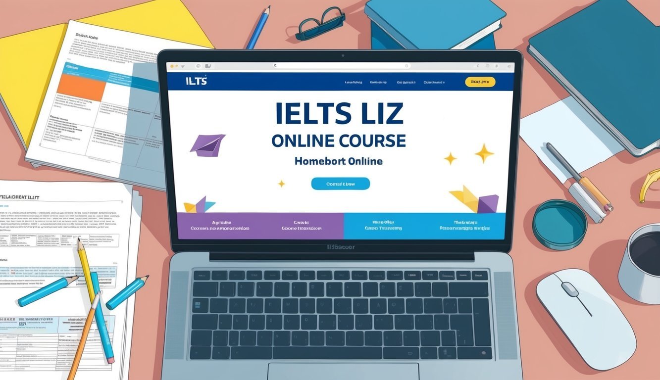 A laptop displaying the IELTS Liz Online Course homepage, surrounded by study materials and a cozy study environment