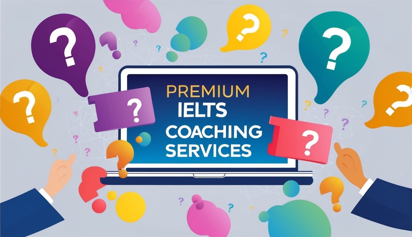 A colorful display of 5 premium IELTS coaching services with question marks and a sense of curiosity