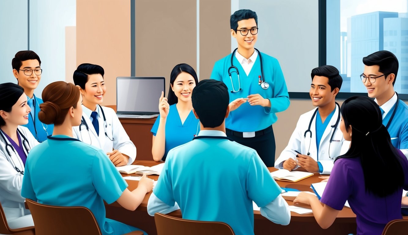 A group of medical professionals attending English speaking courses, engaged in conversation and learning from an instructor