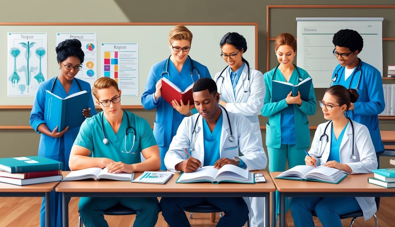 A group of medical professionals studying in a classroom setting, with textbooks, charts, and medical equipment on the table