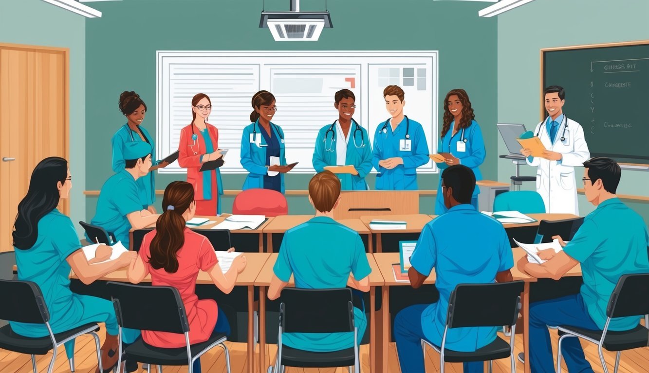 A classroom setting with medical professionals engaging in English speaking courses at Cambridge Medical