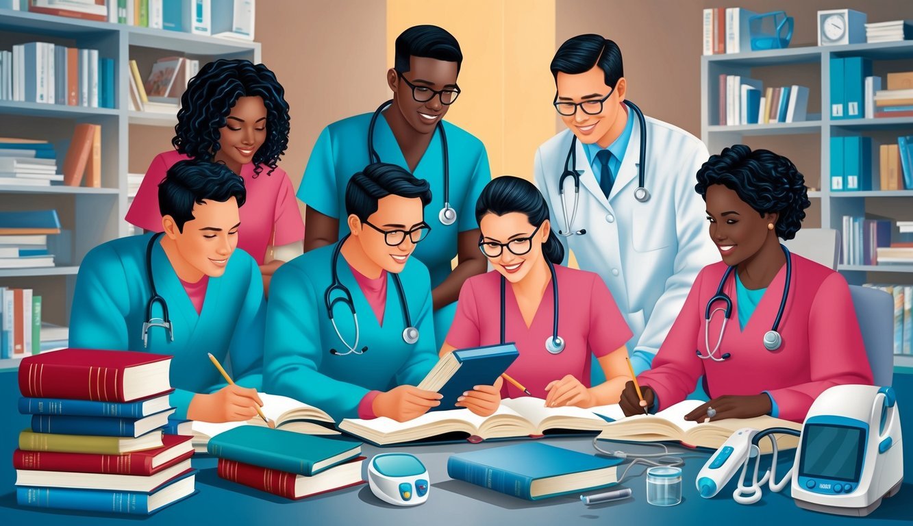 A group of medical professionals studying together, surrounded by textbooks and medical equipment