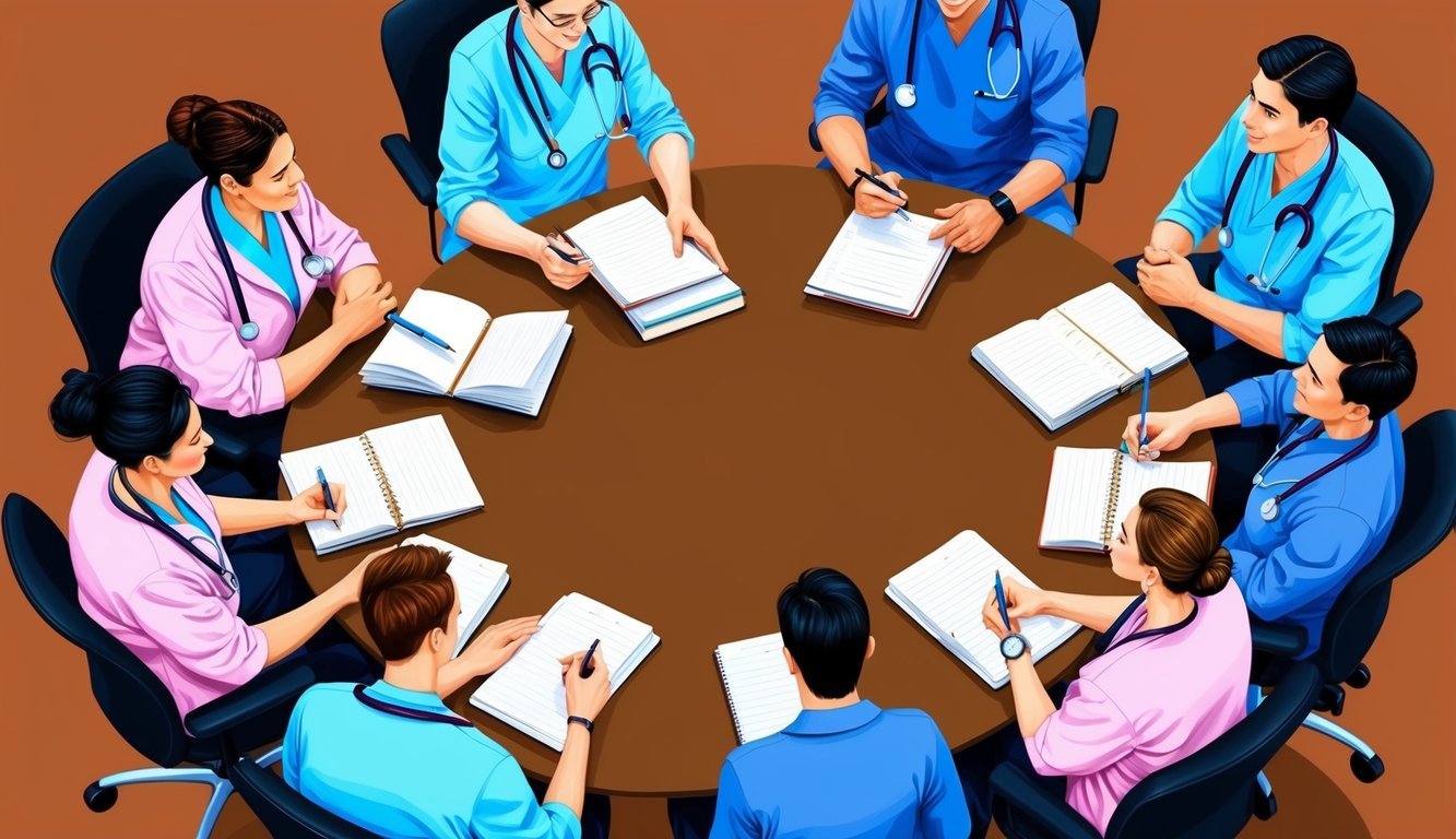 A group of medical professionals engage in English conversation practice, sitting in a circle with notebooks and pens, discussing medical topics